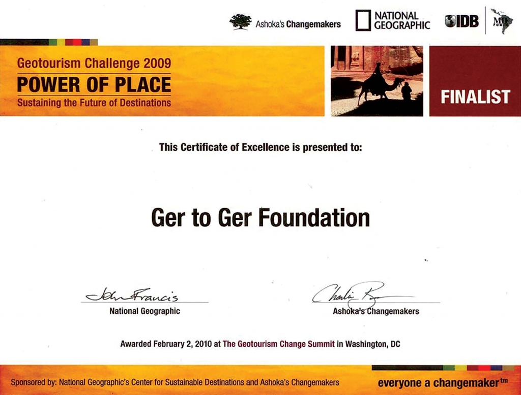 GER to GER GEOtourism Mongolia - National Geographic Society Certificate of Excellence